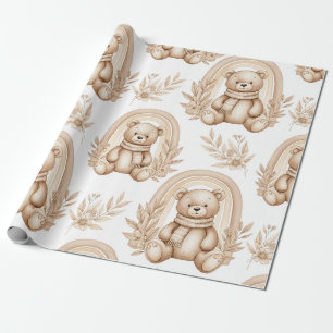 Papier Cadeau Ours en peluche bohème arc-en-ciel floral neutre