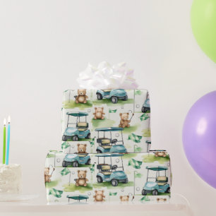 Papier Cadeau Ours en peluche de golf avec chariot de golf sur l