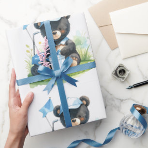 Papier Cadeau Ours en peluche de golf avec voiturette de golf su