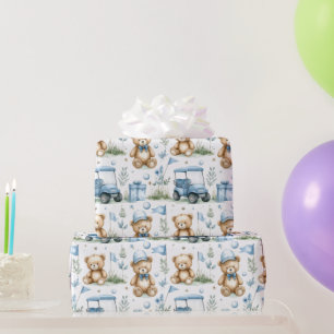 Papier Cadeau Ours en peluche de golf avec voiturette de golf su