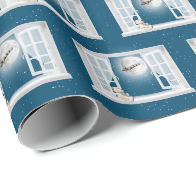 Papier Cadeau Ours en peluche de Noël dans la fenêtre (Coin rond)