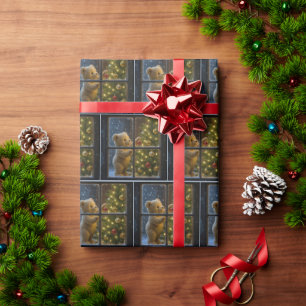 Papier Cadeau Ours en peluche de Noël décorant un arbre