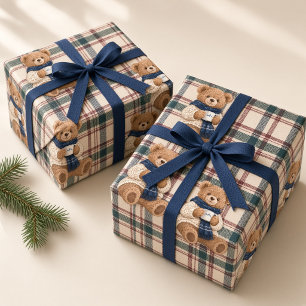 Papier Cadeau Ours en peluche d'hiver Plaid Lodge de ski