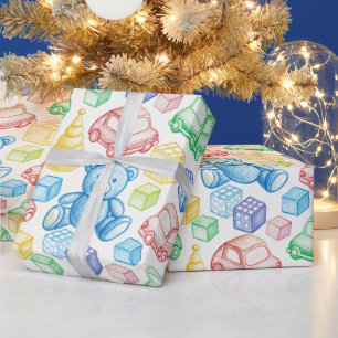 PAPIER CADEAU OURS EN PELUCHE ET VOITURES JOUETS POUR ENFANTS