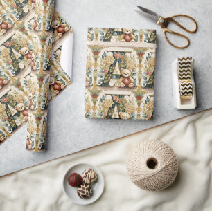 Papier Cadeau Ours en peluche floral lettre A