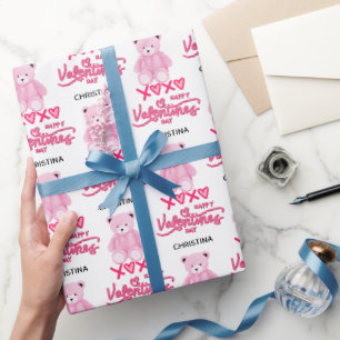 Papier Cadeau Ours en peluche moderne rose Joyeuse Saint-Valenti