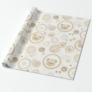 Papier Cadeau Ours en peluche neutre motif cercle beige bébé (1)