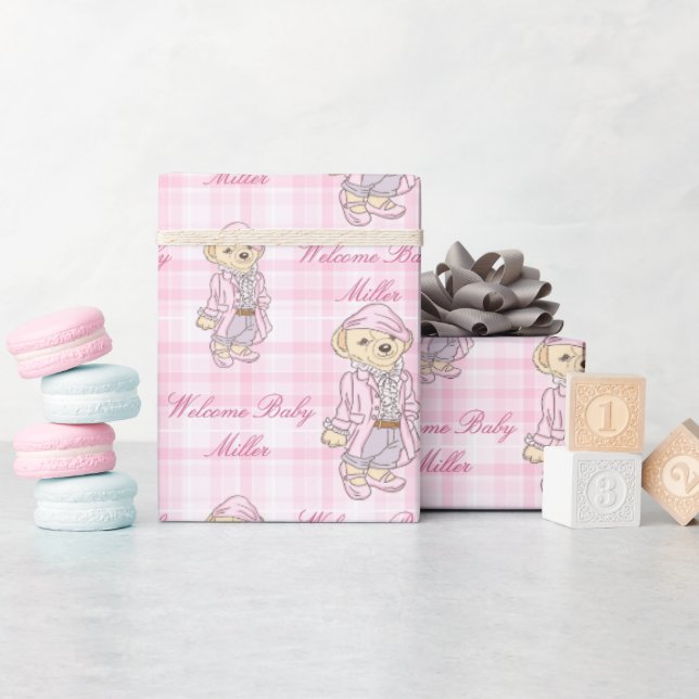 Papier Cadeau Ours en peluche rose nom personnalisé (Baby Shower)