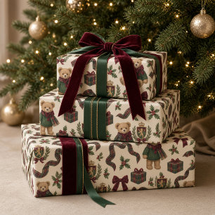 Papier Cadeau Ours en tartan prépa avec noeud en Bourgogne pour