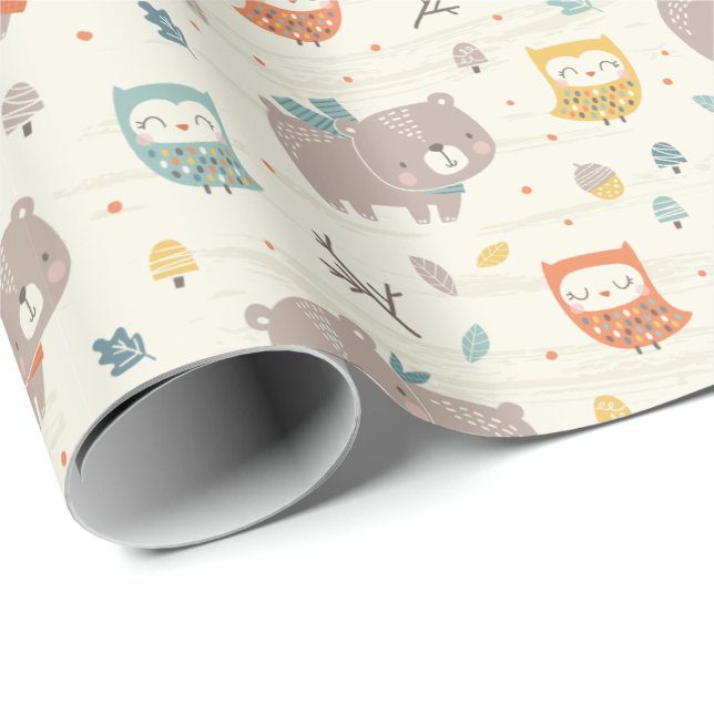Papier Cadeau Ours et Chouettes de Chute mignonnes à la crème (Coin rond)