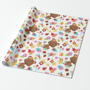 Papier Cadeau Ours et fleurs en bois mignonne Baby shower fille 