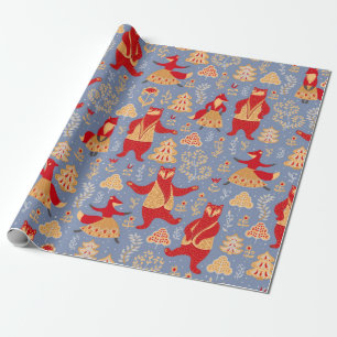 Papier Cadeau Ours et renards dansant dans une coulisse foresti