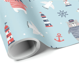 Papier Cadeau Ours marins mignons, mouettes et phares bleu