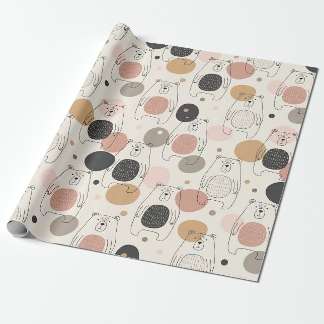Papier Cadeau Ours mignon - Douce forêt de bois pastel (3) (Déroulé)