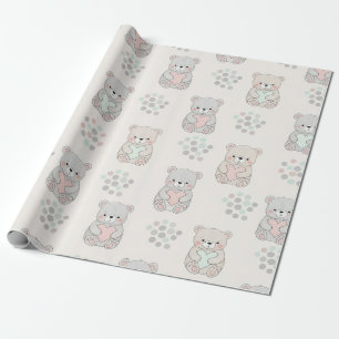 Papier Cadeau Ours mignon et cœurs -- Nurserie pastel (8)