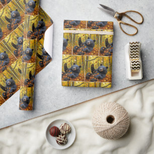 Papier Cadeau Ours Noir Dans Les Feuilles Automnes