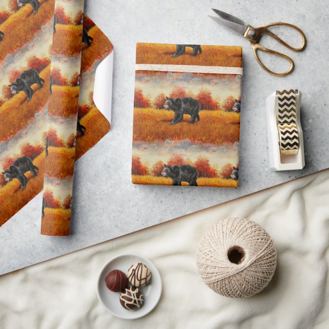Papier Cadeau Ours noir en forêt d'automne (Artisanat)