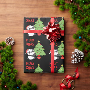Papier Cadeau Ours Panda Avec Arbre De Noël