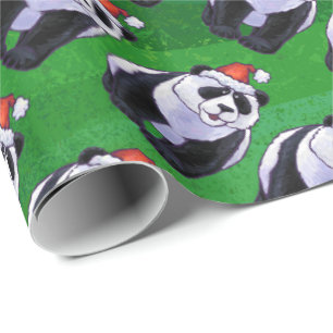 Papier Cadeau Ours panda dans le casquette de Père Noël sur le