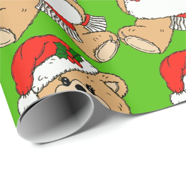 Papier Cadeau Ours Père Noël de Noël avec Casquette rouge (Coin rond)