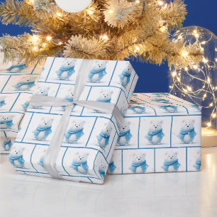 Papier Cadeau Ours Polaire De Noël Avec Écharpe Bleue
