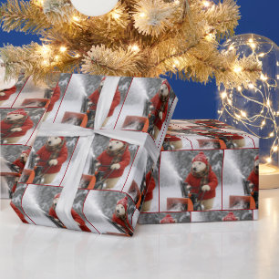 Papier Cadeau Ours polaire de Noël poussant une souffleuse à nei