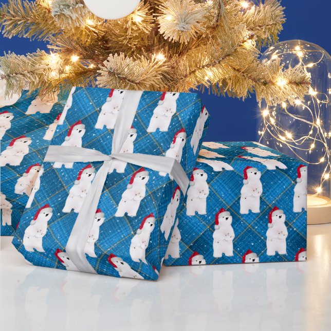 Papier Cadeau Ours Polaire De Noël Sur Plaid Bleu (Vacances)