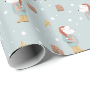 Papier Cadeau Ours polaire d'hiver moderne et flocons de neige N