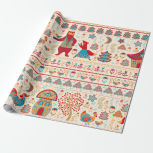 Papier Cadeau Ours, renard, coq et poulet avec poulet, fée ho
