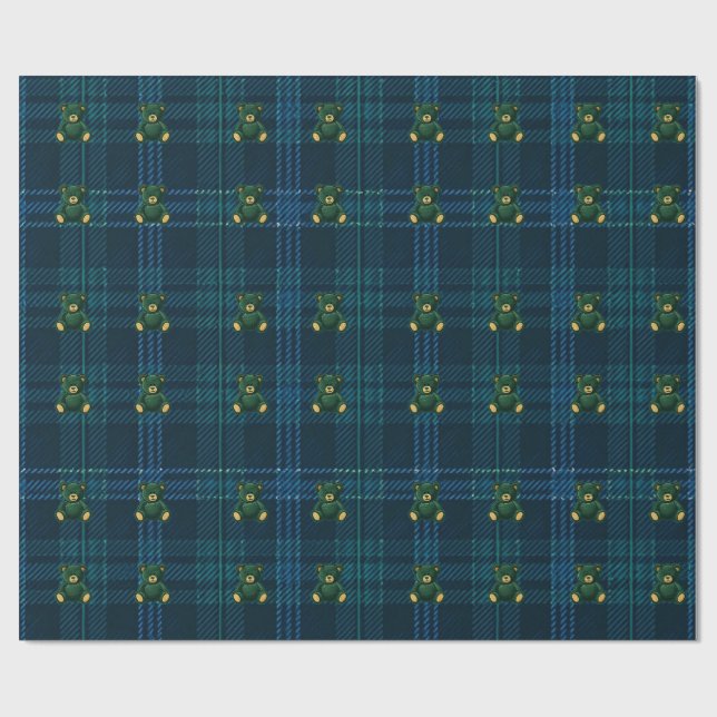 Papier cadeau Ourson à carreaux bleus et verts (Plat)