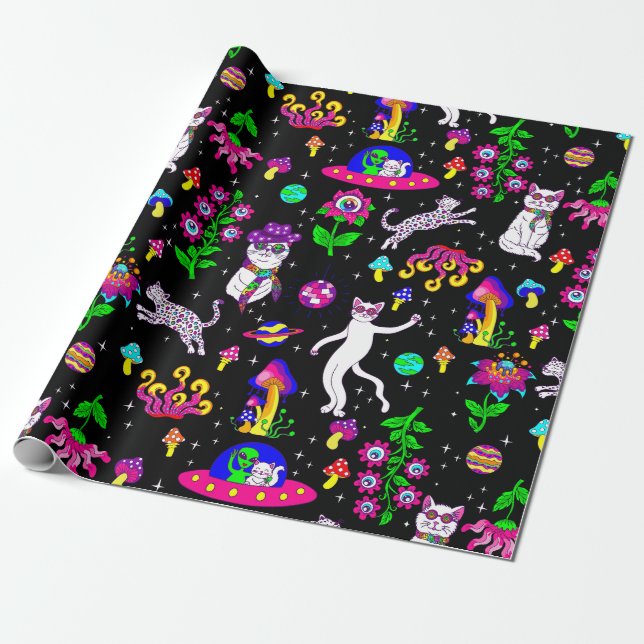 Papier Cadeau outer space disco cat alien ufo leopard surreal (Déroulé)