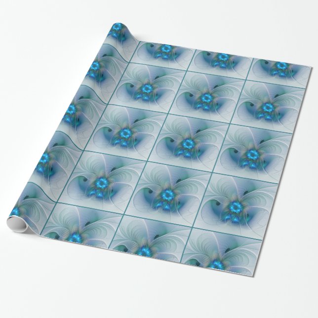 Papier Cadeau Ovations debout, fractale bleue turquoise abstrait (Déroulé)