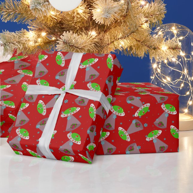 Papier Cadeau OVNI de Noël_rouge (Vacances)
