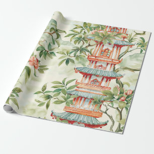 Papier Cadeau Pagode asiatique à l'aquarelle dans un paysage ver