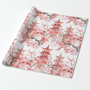 Papier Cadeau Pagode asiatique vintage Fleur rose Art Scénique