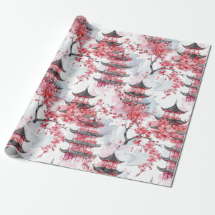 Papier Cadeau Pagode chinoise aquarelle aux fleurs de cerisiers 