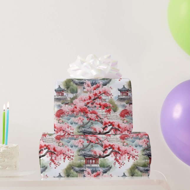 Papier Cadeau Pagode chinoise Motif d'aquarelle (Cadeaux de fête)