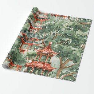 Papier Cadeau Pagode de Chinoiserie Forêt Vert Sauge