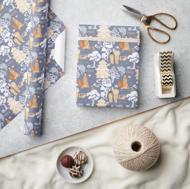 Papier Cadeau Pagode de la Chinoiserie bleue et orange (Artisanat)