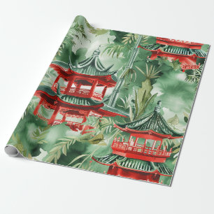 Papier Cadeau Pagode en terre cuite Jardin asiatique Aquarelle