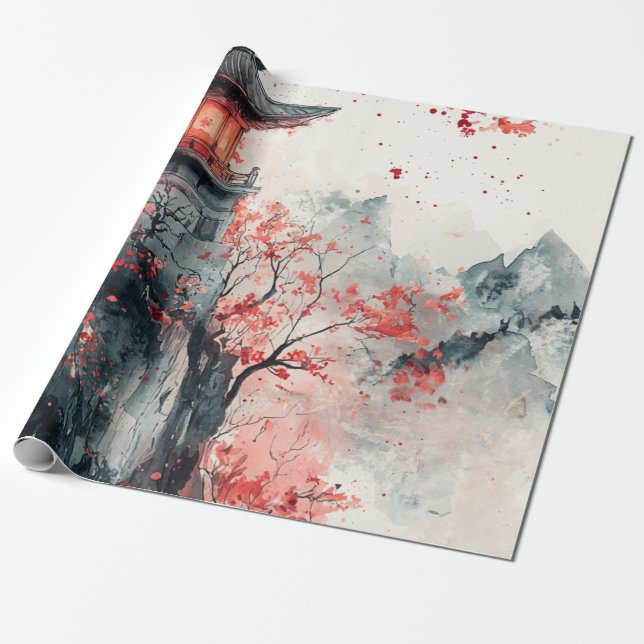 Papier Cadeau Pagode Sakura Cramoisi Aquarelle (Déroulé)