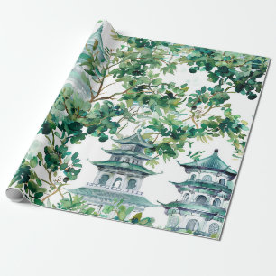 Papier Cadeau Pagodes aquarelle forêt d'olive paysage asiatique