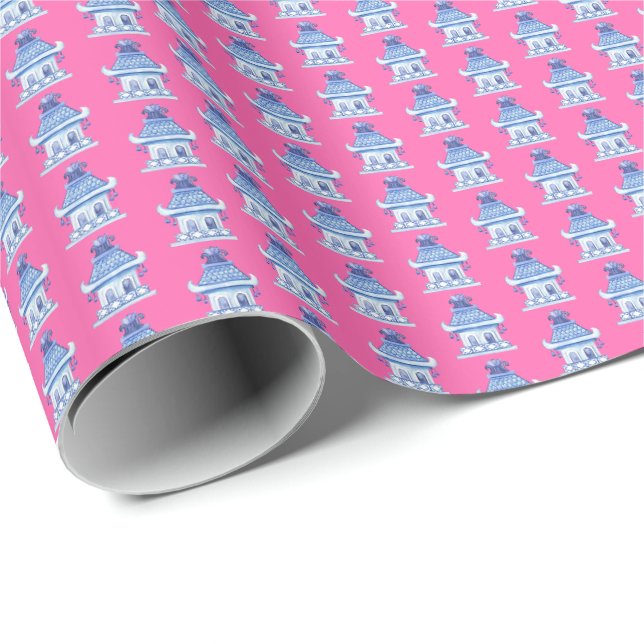 Papier Cadeau Pagodes de chinoiserie (sur fond rose)  (Coin rond)