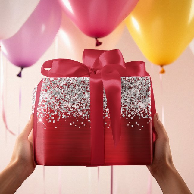 Papier Cadeau Pailleté Argent Rouge Glam (Glittery Silver Red Glam Wrapping Paper)