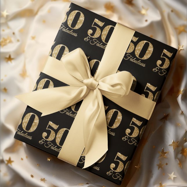 Papier Cadeau Pailleté Or 50 & Fabuleux sur Noir (Glittery Gold 50 & Fabulous on Black Wrapping Paper)