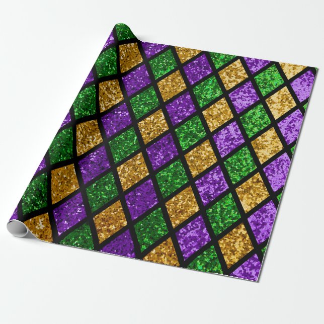 Papier Cadeau Paillette brillante verte, violette et dorée (Déroulé)