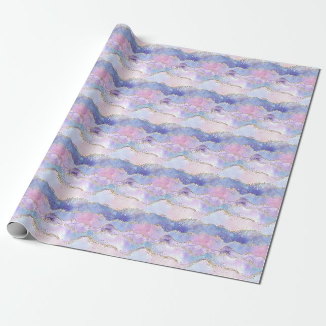 Papier Cadeau Paillettes d'agate tendance bleu rose violet  (Déroulé)