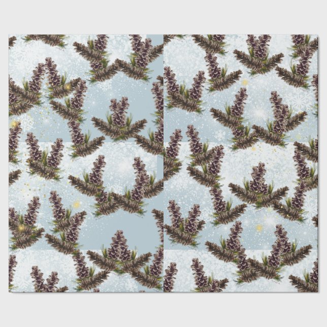 Papier Cadeau paillettes enneigées, cônes de pin  (Couture)