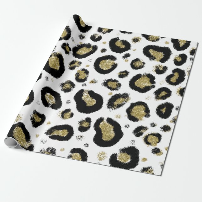 Papier Cadeau Paillettes Or Blanc & Imprimé Léopard Guépard Noir (Déroulé)