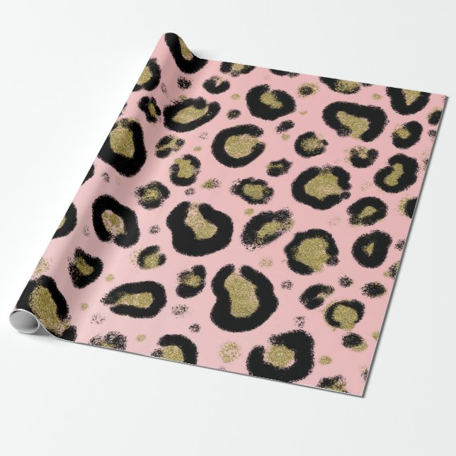 Papier Cadeau Paillettes Or Rose et Imprimé Léopard Guépard Noir (Déroulé)